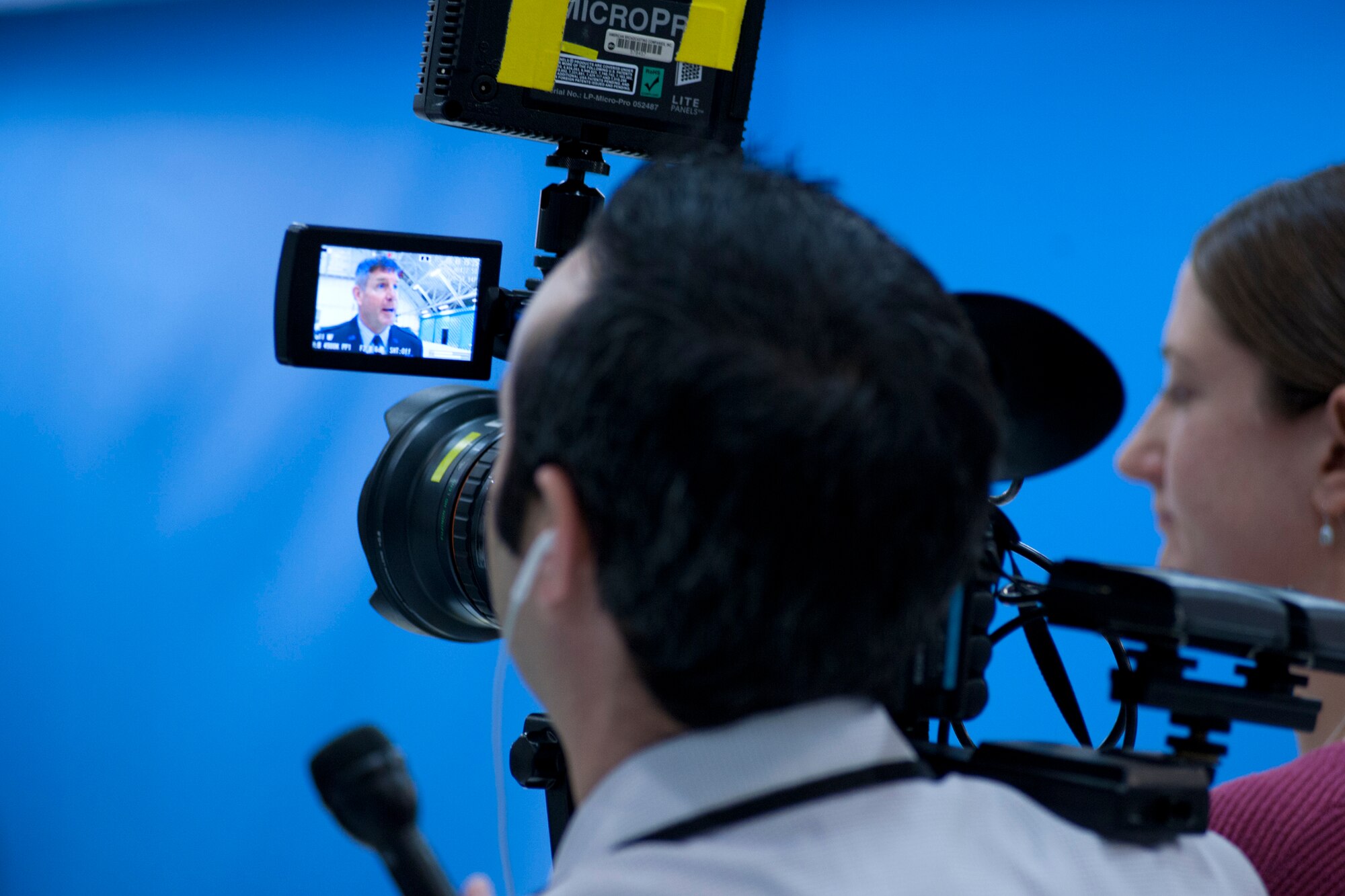 Colonel David A. Owens, 459th Air Refueling Wing commander, conducts on-camera interviews during the Presidential Inauguration Parade media day at Joint Base Andrews, Maryland, Jan. 13, 2017. (U.S. Air Force photo/Tech. Sgt. Kat Justen)