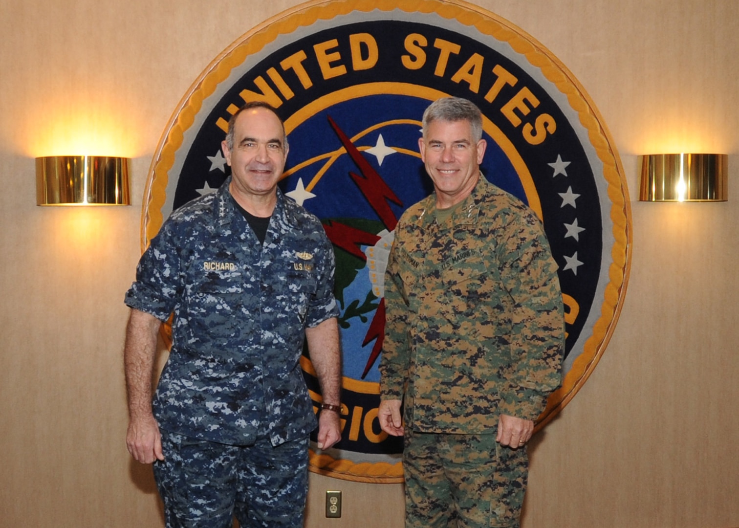 Marine Corps Lt. Gen.  Joseph L. Osterman, right, U.S. Special Operations Command deputy commander, meets with Navy Vice Adm. Charles “Chas” A. Richard, U.S. Strategic Command (USSTRATCOM) deputy commander, during his visit to USSTRATCOM Headquarters, Offutt Air Force Base, Nebraska, Jan. 18, to discuss the transfer of the Unified Command Plan-assigned Countering Weapons of Mass Destruction mission, ensuring full coordination of resources and mission responsibilities with senior leaders.