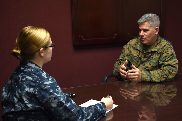 Marine Corps Lt. Gen. Joseph L. Osterman, right, U.S. Special Operations Command deputy commander, conducts an interview during his visit to U.S. Strategic Command (USSTRATCOM) Headquarters, Offutt Air Force Base, Nebraska, Jan. 18.  While here, Osterman discussed the mission transfer of Countering Weapons of Mass Destruction, toured the Global Operations Center and received capabilities and integration briefings on nuclear command, control and communication, space, electronic warfare and cyber.
