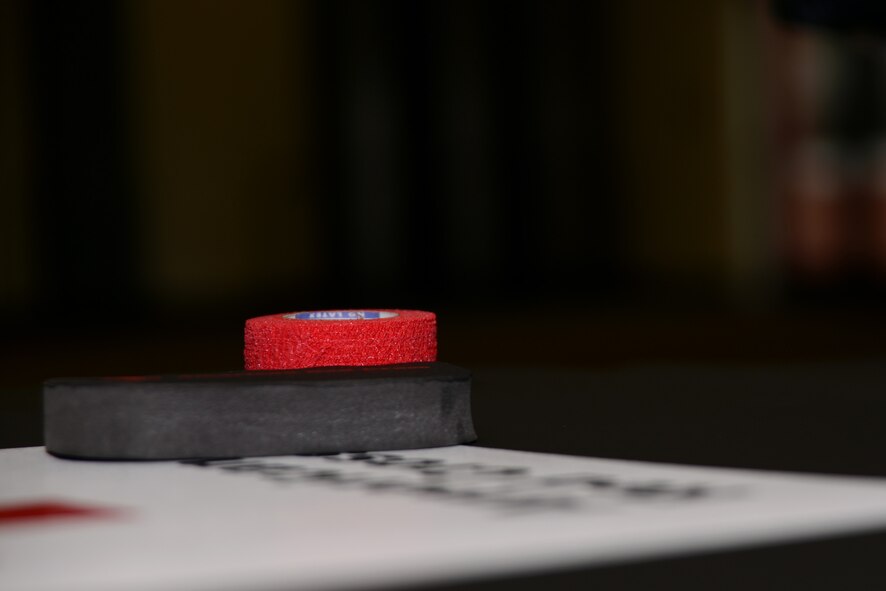 Stress foam and a self-adherent bandage wrap rest on a donor bed at a blood drive at Shaw Air Force Base, S.C., Jan. 20, 2017. The bandage wrap is used to cover the donation site on a blood donor’s arm after contribution. (U.S. Air Force photo by Airman 1st Class Kathryn R.C. Reaves)