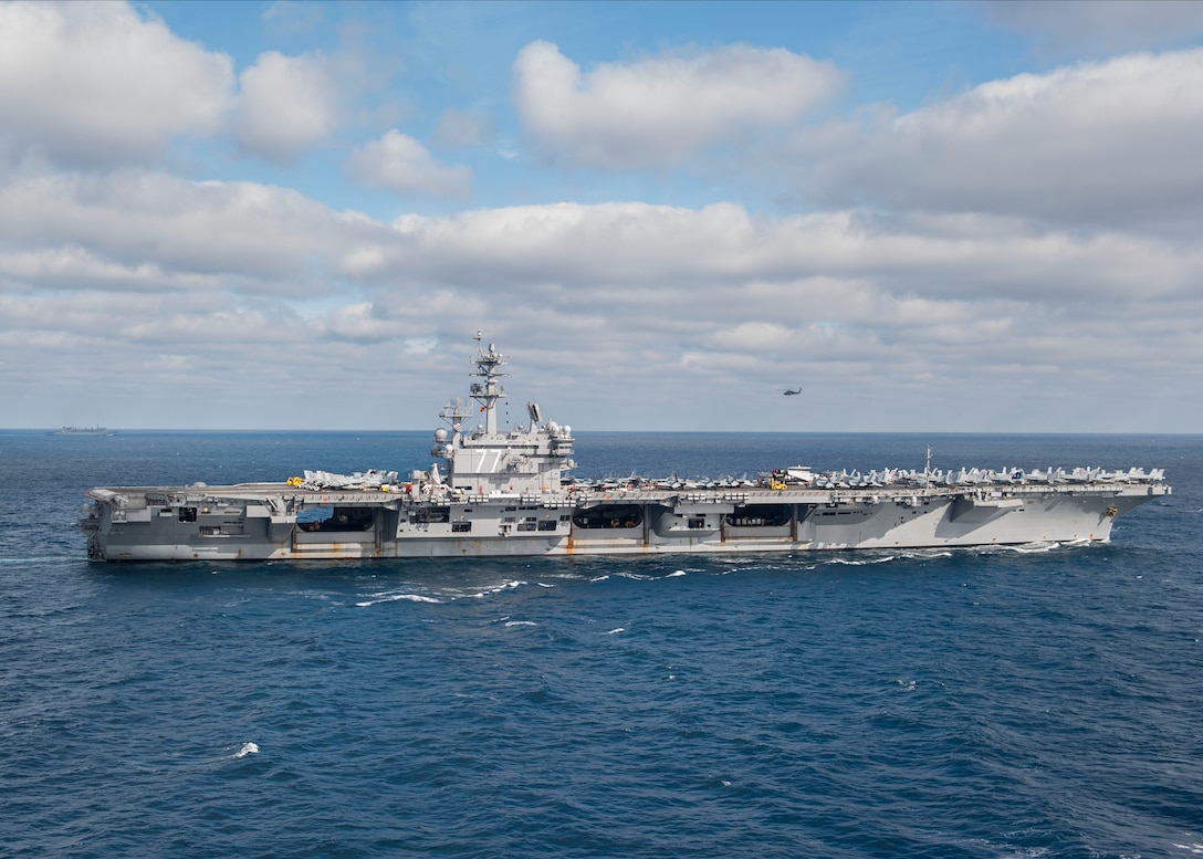 The aircraft carrier USS George H.W. Bush (CVN 77) sails through the Atlantic Ocean. Bush is underway conducting a Composite Training Unit Exercise (COMPTUEX) with the George H.W. Bush Carrier Strike Group in preparation for an upcoming deployment. 