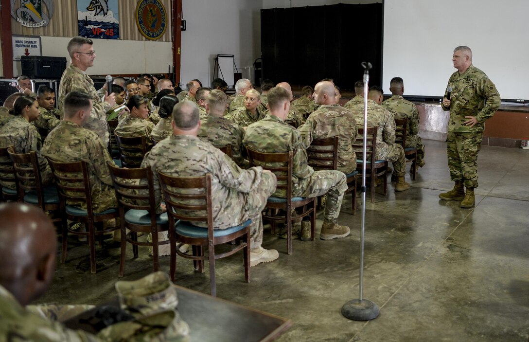 U.S. Army Brig. Gen. Kenneth H. Moore, U.S. Army Africa deputy commander, takes a question at a “town hall” style meeting during his visit to Camp Lemonnier, Djibouti, Jan. 16, 2017. Brig. Gen. Moore met with Army Reserve Soldiers to present an overview of the Army’s mission in Africa and drive home the ‘Total Army’ concept.