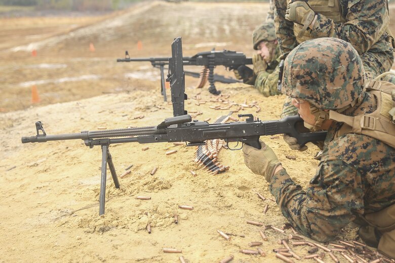 Marines with Task Force Southwest fire PK general-purpose machine guns during foreign weapons familiarization training at Camp Lejeune, N.C., Jan. 17, 2016. Approximately 300 Marines are assigned to Task Force Southwest, which is scheduled to deploy to Helmand Province, Afghanistan later this year where they will train, advise and assist the Afghan National Army 215th Corps and the 505th Zone National Police. (U.S. Marine Corps photo by Sgt. Lucas Hopkins)