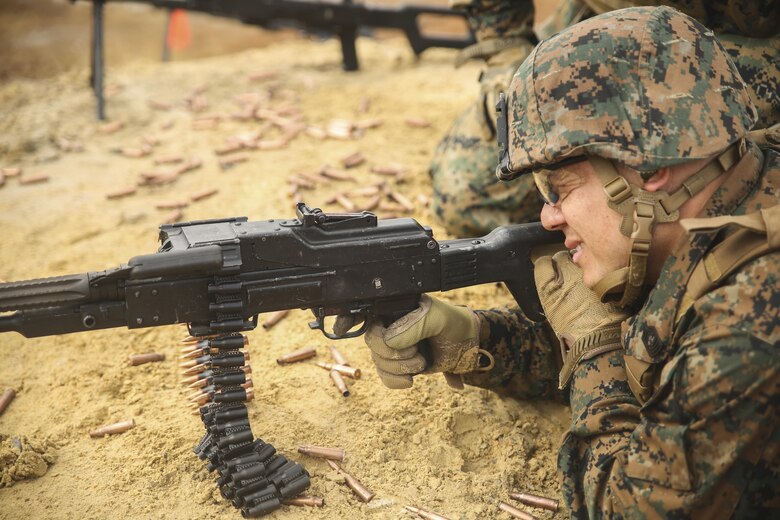 A Marine with Task Force Southwest fires a PK general-purpose machine gun during foreign weapons familiarization training at Camp Lejeune, N.C., Jan. 17, 2016. Marines with the unit are preparing for an upcoming deployment to Helmand Province, Afghanistan, where they will train, advise and assist the Afghan National Army 215th Corps and 505th Zone National Police to continue building well-equipped defense and security forces. (U.S. Marine Corps photo by Sgt. Lucas Hopkins)