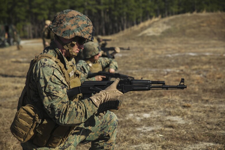 A Marine with Task Force Southwest reloads an AK-47 during foreign weapons and familiarization training at Camp Lejeune, N.C., Jan. 17, 2016. Task Force Southwest is comprised of approximately 300 Marines whose mission will be to train, advise and assit the Afghan National Army 215th Corps and the 505th Zone National Police. The unit is scheduled to deploy in the Spring. (U.S. Marine Corps photo by Sgt. Lucas Hopkins)