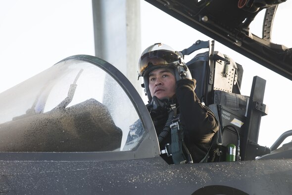 Republic of Singapore Air Force Senior Lieutenant Colonel Tham Yeow Min, 428th Fighter Squadron senior-ranking officer, prepares for his final flight, Jan. 17, 2017, at Mountain Home Air Force Base, Idaho. Tham has served as the SRO since June 2013. Tham has served at the commander of the Peace Carvin V detachment since June 2013. (U.S. Air Force photo by Senior Airman Malissa Lott/Released)