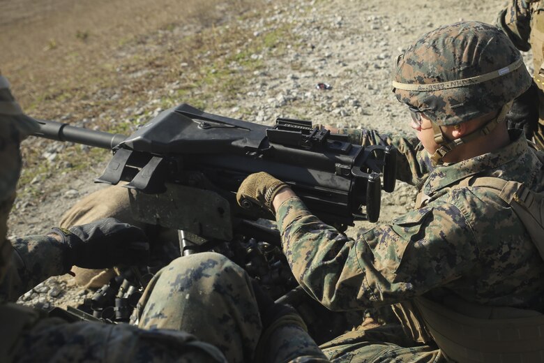 A Marine with Task Force Southwest fires an Mk 19 grenade launcher during a combined arms range at Camp Lejeune, N.C., Jan. 18, 2016. About 300 Marines with the unit are currently training for an upcoming deployment to Helmand Province, Afghanistan, where they will train, advise and assist the Afghan National Army 215th Corps and 505th Zone National Police to help thwart enemy presence in the region. (U.S. Marine Corps photo by Sgt. Lucas Hopkins)