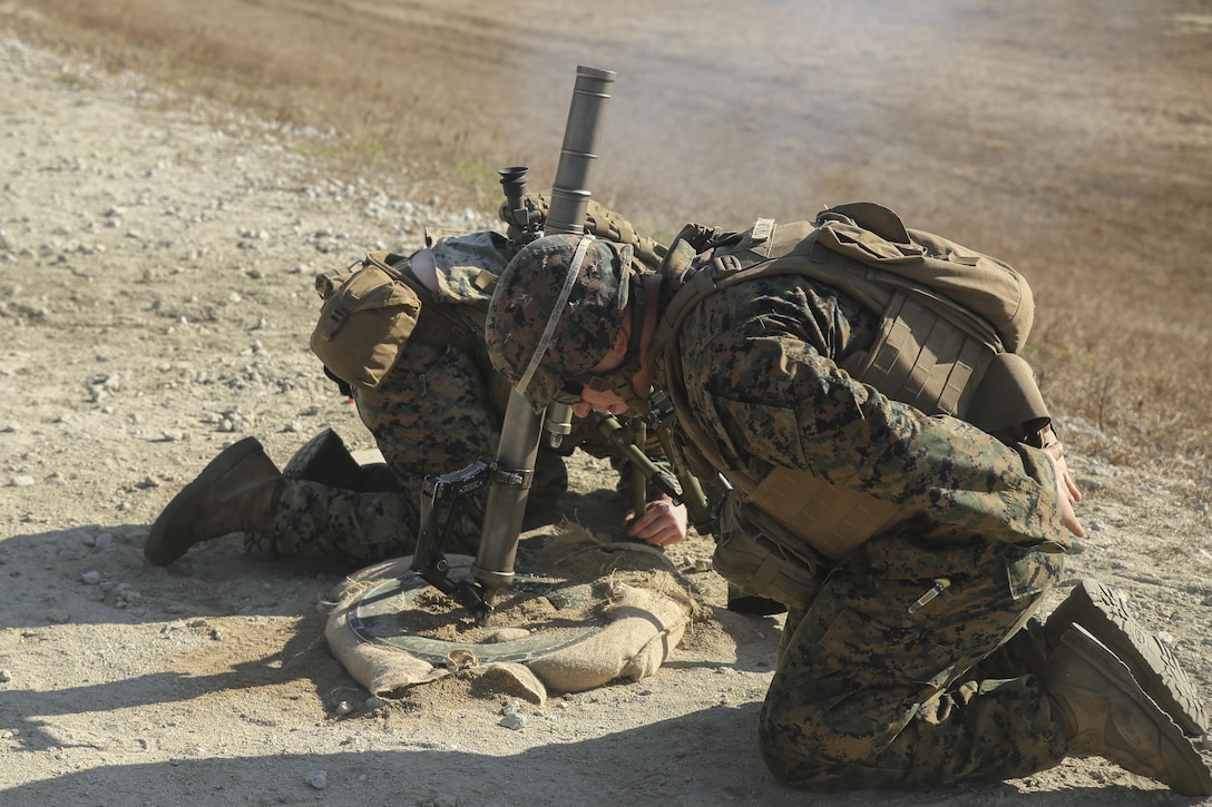 Marines with Task Force Southwest fire an M224 60mm mortar during a live-fire range at Camp Lejeune, N.C., Jan. 18, 2016. Approximately 300 Marines with the unit are familiarizing themselves with weapon systems in preparation for an upcoming deployment to Helmand Province, Afghanistan, where they will train, advise and assist Afghan forces to promote stability and security in the region. (U.S. Marine Corps photo by Sgt. Lucas Hopkins)