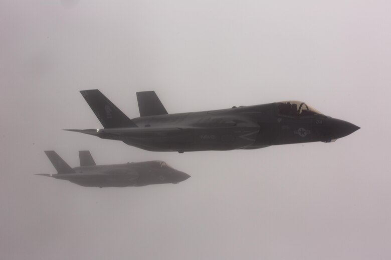 NORTH PACIFIC OCEAN—Marine Corps F-35Bs from Marine Fighter Attack Squadron (VMFA) 121, 3rd Marine Aircraft Wing, transit the Pacific Northwest from Marine Corps Air Station Yuma, Ariz., to Joint Base Elmendorf-Richardson, Alaska, Jan. 9, 2017, its final destination being MCAS Iwakuni, Japan, to join 1st Marine Aircraft Wing. VMFA-121, originally an F/A-18 squadron, was redesignated as the Marine Corps’ first F-35 squadron in 2012. (U.S. Marine Corps photo by Sgt. Lillian Stephens)