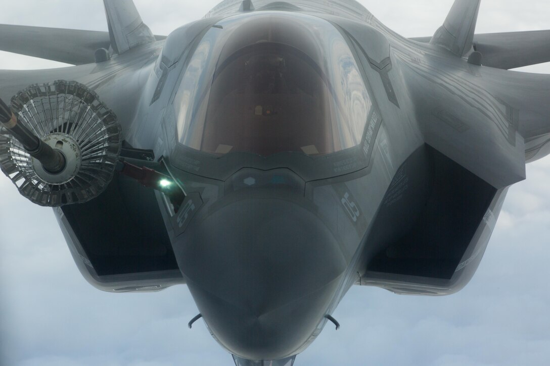 An F-35B Lightning II with Marine Fighter Attack Squadron (VMFA) 121, 3rd Marine Aircraft Wing, conducts an aerial refuel while transiting the Pacific Northwest from Marine Corps Air Station Yuma, Ariz., to Joint Base Elmendorf-Richardson, Alaska, Jan. 9, 2017, its final destination being MCAS Iwakuni, Japan, to join 1st Marine Aircraft Wing. VMFA-121, originally an F/A-18 squadron, was redesignated as the Marine Corps’ first F-35 squadron in 2012. (U.S. Marine Corps photo by Sgt. Lillian Stephens)