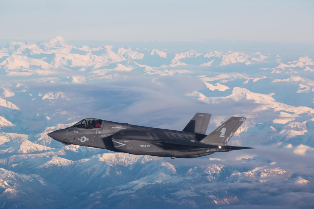 An F-35B Lightning II with Marine Fighter Attack Squadron (VMFA) 121, 3rd Marine Aircraft Wing, transits the Pacific Northwest from Marine Corps Air Station Yuma, Ariz., to Joint Base Elmendorf-Richardson, Alaska, Jan. 9, 2017, its final destination being MCAS Iwakuni, Japan, to join 1st Marine Aircraft Wing. VMFA-121, originally an F/A-18 squadron, was redesignated as the Marine Corps’ first F-35 squadron in 2012. (U.S. Marine Corps photo by Sgt. Lillian Stephens)
