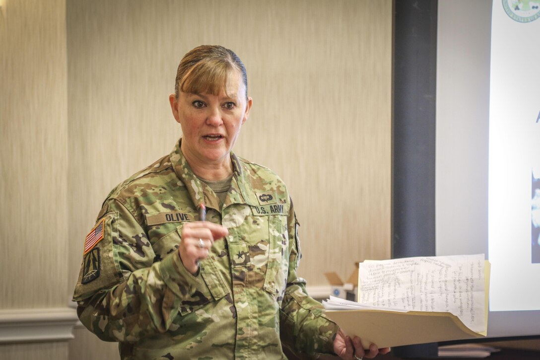 Army Reserve Brig. Gen. Nikki Griffin-Olive, deputy commanding general of sustainment, 335th Signal Command (Theater), speaks to more than 30 Soldiers during the first day of a six-day Equal Opportunity Leaders Course in Atlanta, Georgia Jan. 23.  "The job you are taking on is one of the most important jobs we have in the Army," said Olive.  "I challenge you to make equal opportunity training an event your Soldiers want to attend.  Remind them that we conduct equal opportunity awareness, because there was a time when were not judged on just our merit, our fitness and our capabilities like we are today."  The students, who hail from units around the country, will spend six-days in the course before graduating and returning to their units. 