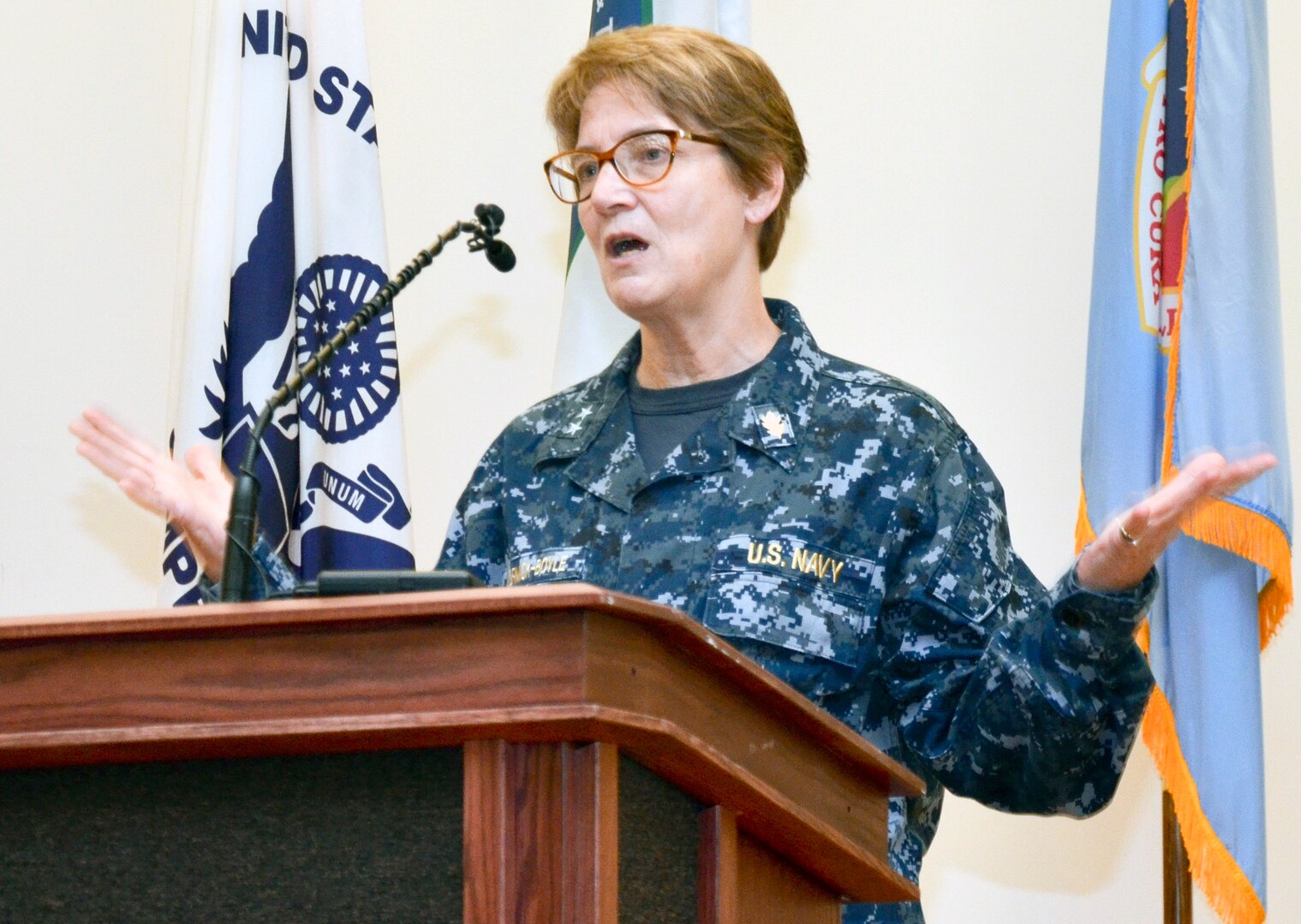 Rear Adm. Rebecca McCormick-Boyle, commander, Navy Medicine Education, Training and Logistics Command, speaks during a celebration to honor Dr. Martin Luther King Jr. at the Medical Education Training Campus at Joint Base San Antonio-Fort Sam Houston Jan. 17. Navy Medicine Training Support Center's Diversity Council planned and conducted a ceremony and reception to honor King and educate personnel about what he accomplished