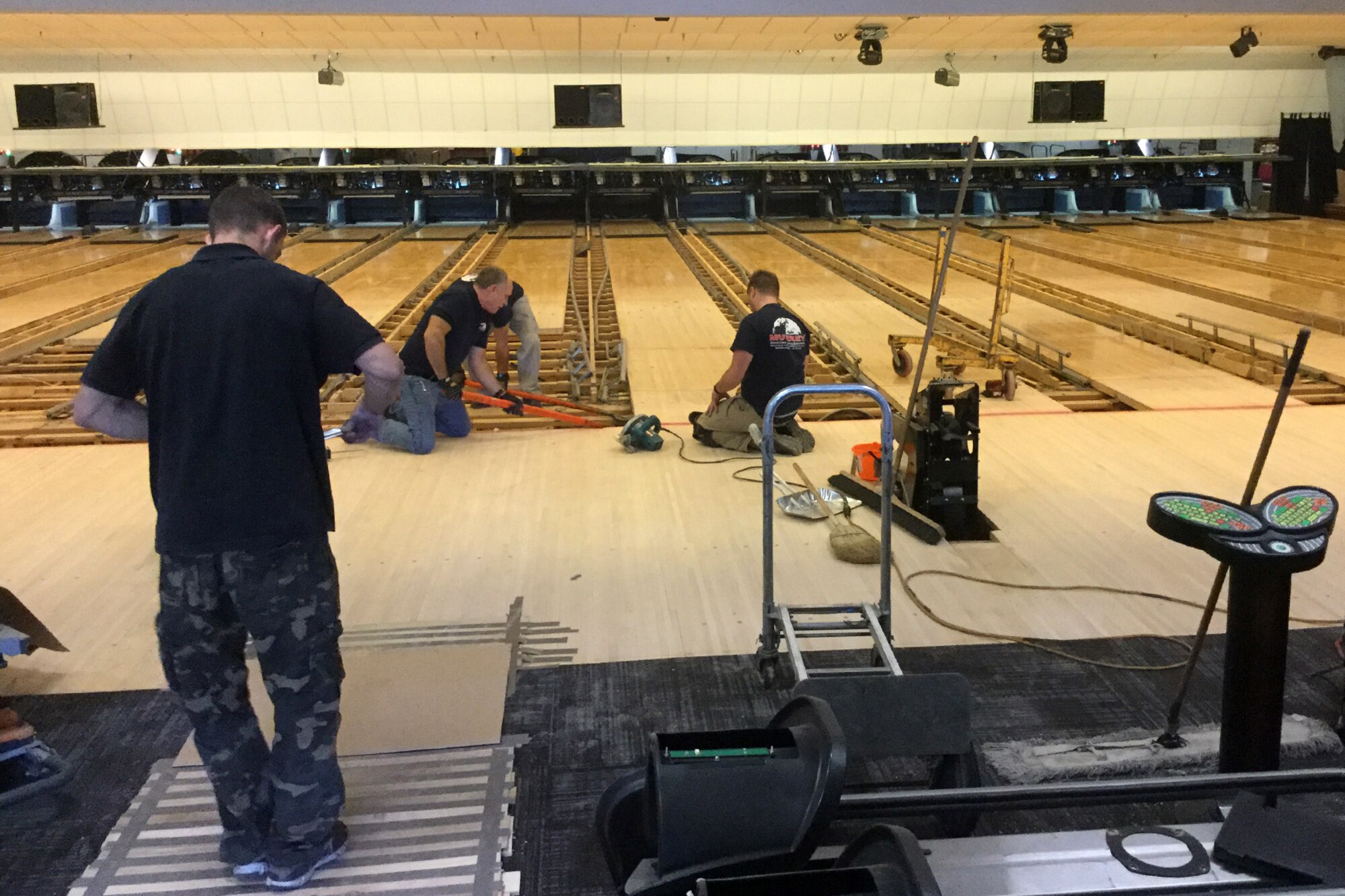 PETERSON AIR FORCE BASE, Colo. – Contractors installed new lanes at the Peterson Air Force Base Bowling Center. The work at the center replaced the old and deteriorating lanes, work was finished on Dec. 22, 2016. (Courtesy Photo)