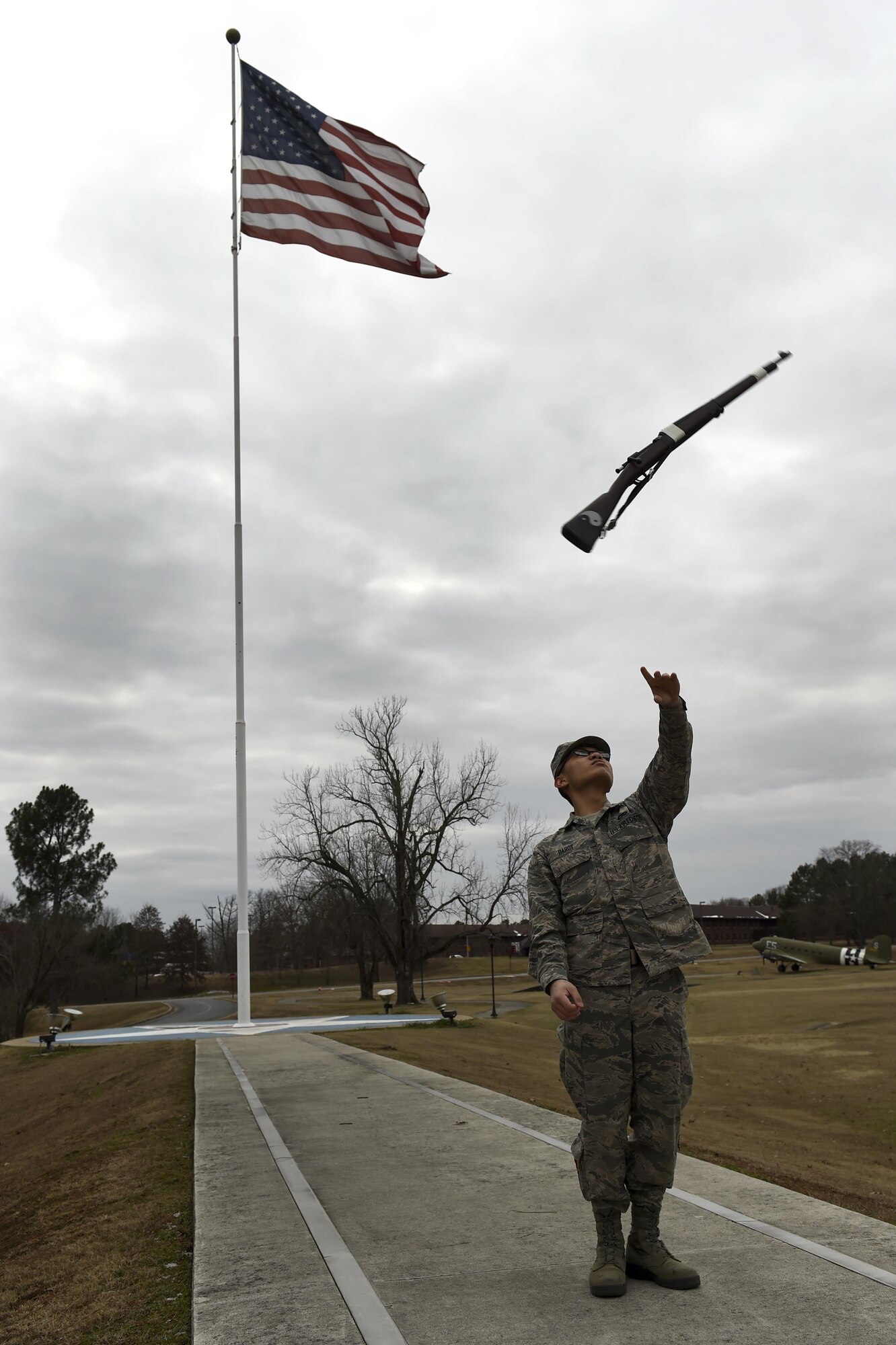 U.S. Air Force Airman 1st Class Philip Baroy, 19th Aircraft Maintenance Squadron integrated communication countermeasure navigation mission’s systems apprentice, practices drill, Jan. 9, 2017 at Little Rock Air Force Base, Arkansas. Drill, a military tradition stemming from the 1800s, is the act of marching while handling a drill rifle. (U.S. Air Force photo by Airman 1st Class Codie Collins)