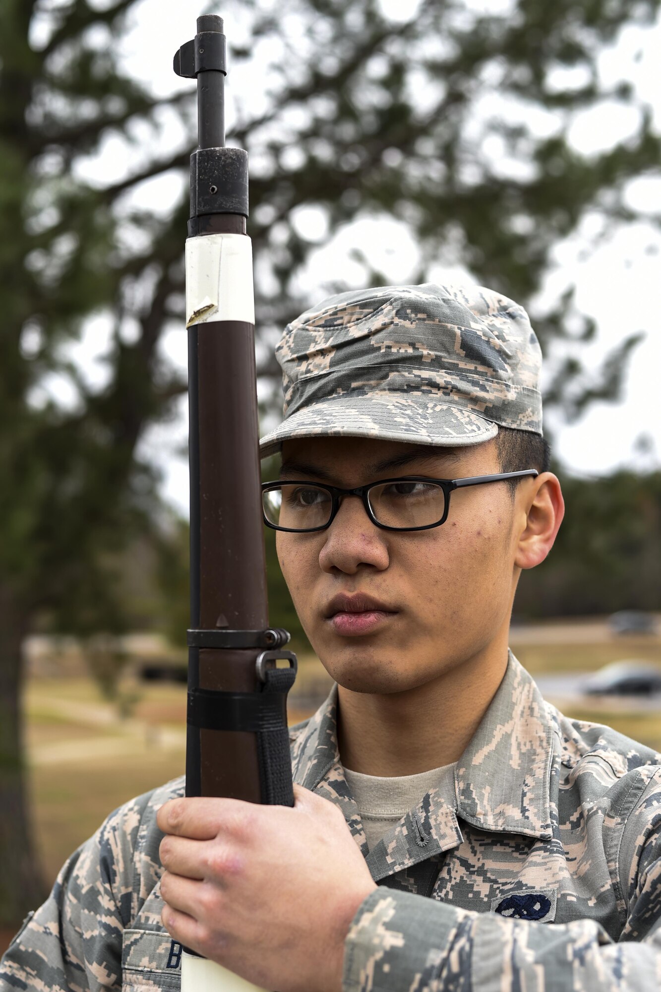 U.S. Air Force Airman 1st Class Philip Baroy, 19th Aircraft Maintenance Squadron integrated communication countermeasure navigation mission’s systems apprentice, holds a drill rifle, Jan. 9, 2017 at Little Rock Air Force Base, Ark. Baroy worked toward competing in the World Drill Championships held in Daytona Beach, Florida. (U.S. Air Force photo by Airman 1st Class Codie Collins)