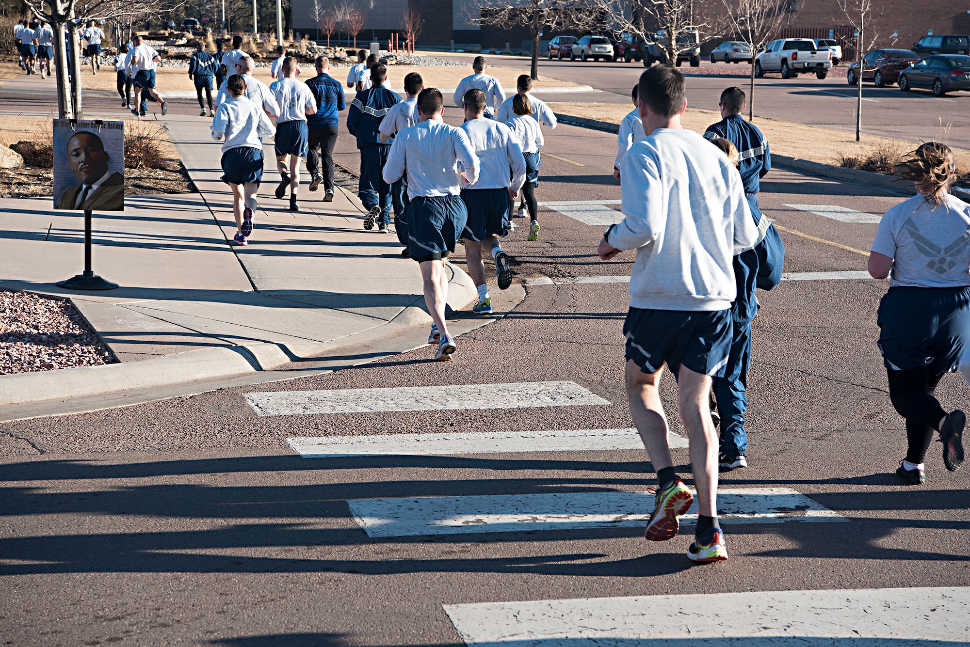 PETERSON AIR FORCE BASE, Colo. – Members of the 21st Space Wing participate in a special Wing Warfit run dedicated to the memory of Dr. Martin Luther King Jr. on Peterson Air Force Base, Colo., Jan. 17, 2017. Wing Warfit is a monthly run conducted to raise morale and build esprit de corps in the wing. (U.S. Air Force photo by Steve Kotecki)