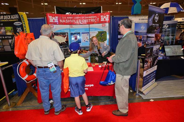 Lindsey Sullivan, park ranger at the U.S. Army Corps of Engineers Nashville District’s J. Percy Priest Lake in Nashville, Tenn., talks with boating enthusiasts that stopped by the Corps of Engineers booth at the 31st annual Progressive Nashville Boat & Sportshow at the Nashville Music City Center Jan. 22, 2017.  