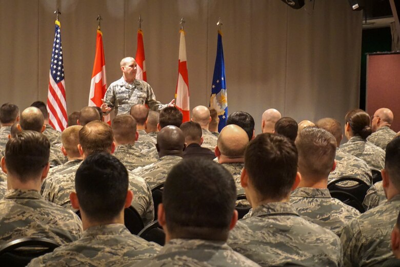 THULE AIR BASE, Greenland – Col. Doug Schiess, 21st Space Wing commander, speaks to Thule Airmen during an All Call at Thule Air Base, Greenland, Jan. 12, 2017. During his visit, Schiess toured the 821st Air Base Group and the 12th Space Warning Squadron to see them provide unrivaled space superiority under extreme conditions. (Courtesy photo)