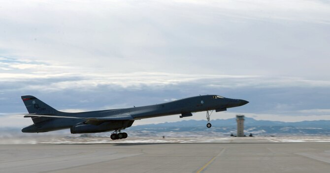 A B-1 bomber takes off at Ellsworth Air Force Base, S.D., Jan. 20, 2017. One of five B-1’s involved, the aircraft will take part in Red Fag – a joint exercise training aircrew and pilots across the world in air-to-air combat. (U.S. Air Force photo by Airman 1st Class Donald C. Knechtel)