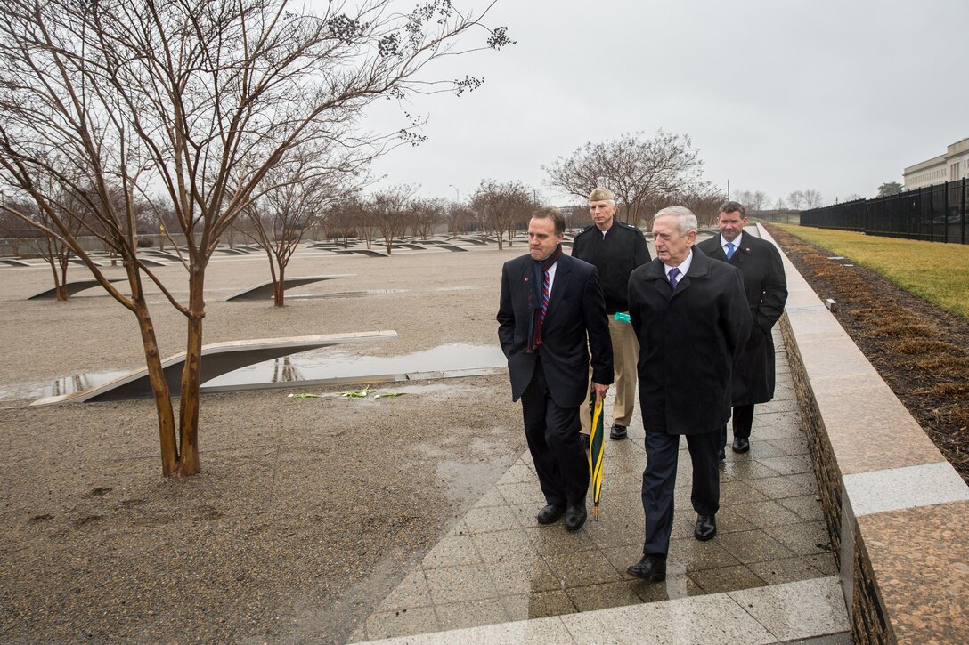 Defense Secretary Jim Mattis visits the Pentagon Memorial Jan. 23, 2017, to pay his respects to those who lost their lives in the 9/11 attack on the building. DoD photo by Air Force Staff Sgt. Jette Carr