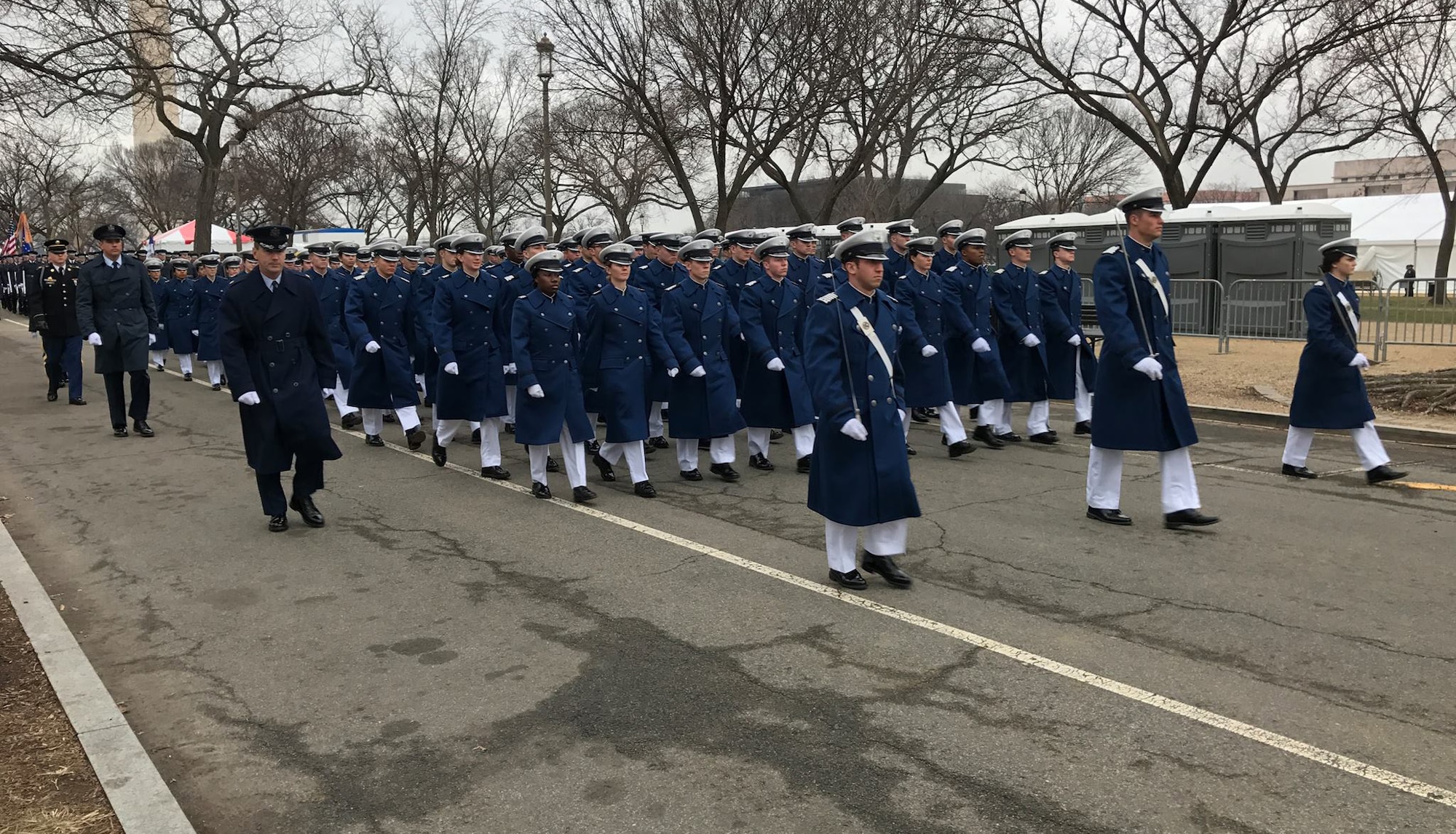 Cadets from each cadet squadron and other U.S. Air Force Academy representatives, march Jan. 20, 2017, in the Inaugural Parade in Washington. The cadets were among the 1,500 cadets, midshipmen and staff of the other service academies who marched in the parade to honor President Donald Trump. (U.S. Air Force photo/Staff Sgt. Veronica Cruz)