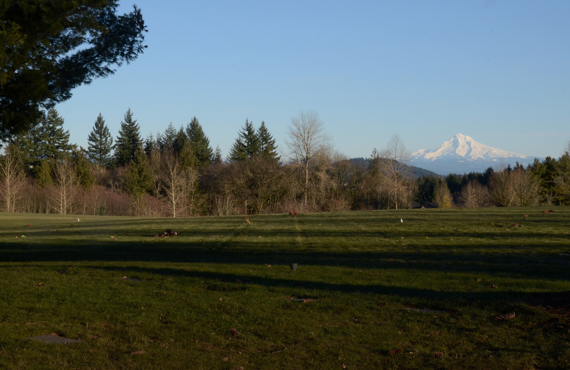 Overlooking Willamette National Cemetery, Portland, Ore., with Mt. Hood to the east, Jan. 6, 2017. The 307-acre cemetery located about 10 miles southeast of the city of Portland, Ore., straddles the county line between Multnomah and Clackamas Counties and is administered by the United States Department of Veterans Affairs. (U.S. Air National Guard photo by Tech. Sgt. John Hughel, 142nd Fighter Wing Public Affairs)