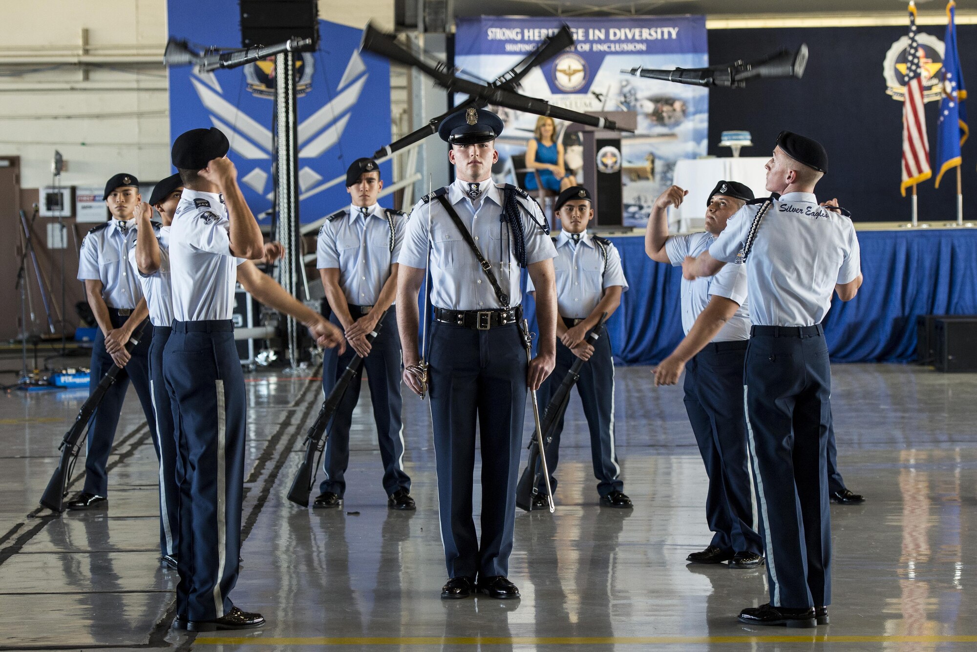 Members of the John Jay High School Drill Team perform during Air Education and Training Command's 75th Anniversary Extravaganza Jan. 23, 2017, at Joint Base San Antonio-Randolph, Texas. The event celebrated AETC’s history of transforming civilians into Airmen and their continued development to the future success of the Air Force.