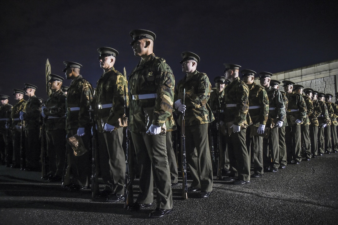 Marines stand in formation during a dress rehearsal before the 58th presidential inauguration in Washington, D.C., Jan. 15, 2017. More than 5,000 U.S. service members from across all branches of the armed forces provided support during the inauguration and related events. Air Force photo by Tech. Sgt. Julius Delos Reyes