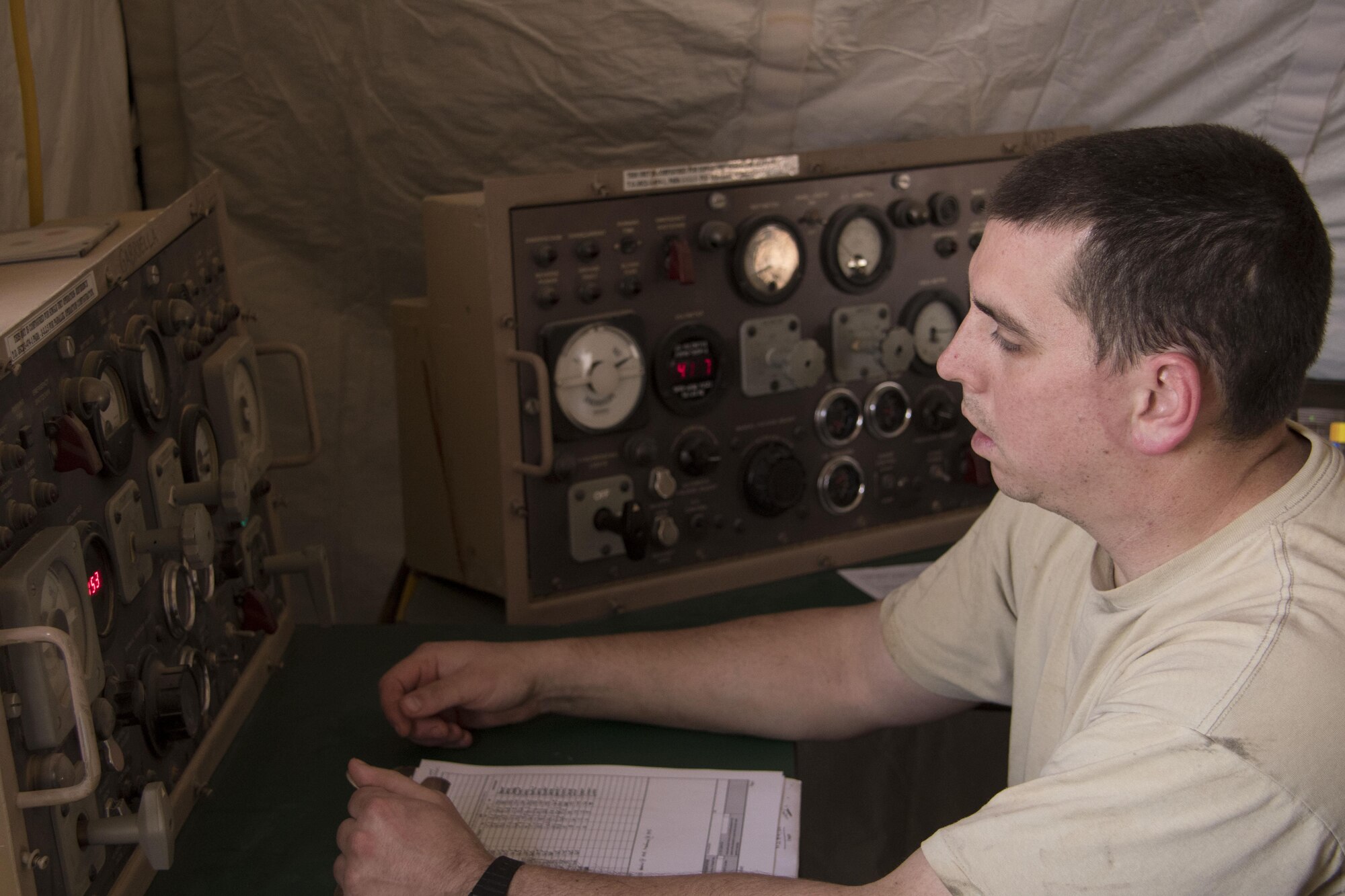 Staff Sgt. Abraham Wanner, a 370th Air Expeditionary Advisory Group Detachment 1 power production craftsman, monitors gauges while starting up a generator at Al Asad Air Base, Iraq Jan. 8, 2017. The power production team’s primary mission at Al Asad is to provide power to the 66th Rescue Squadron, which requires two prime-power generators and approximately ten smaller convenience generators that serve as back-ups in case the prime-power generators fail. (U.S. Air Force photo/Senior Airman Andrew Park)