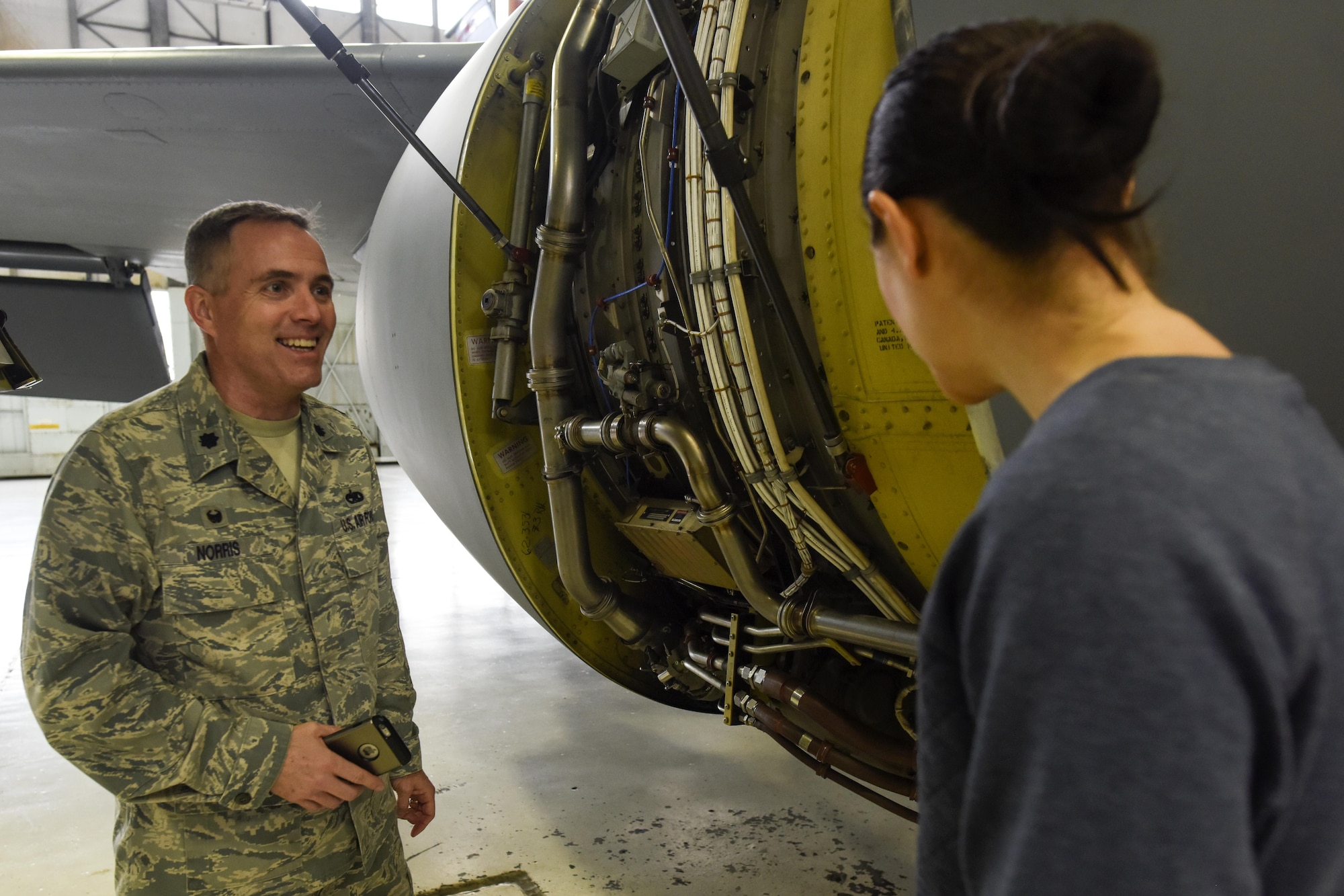 U.S. Air Force Lt. Col. Thomas Norris, 121st Air Refueling Wing Aircraft Maintenance Squadron Commander, gives a new recruit a tour of a KC-135 Stratotanker on Jan. 21, 2017 at Rickenbacker Air National Guard Base, Ohio. Lt. Col. Norris was recently awarded the 2017 Lieutenant General Leo Marquez Award of Maintenance Excellence for field grade officers for the Air National Guard. (U.S. Air National Guard photo by Senior Airman Wendy Kuhn)
