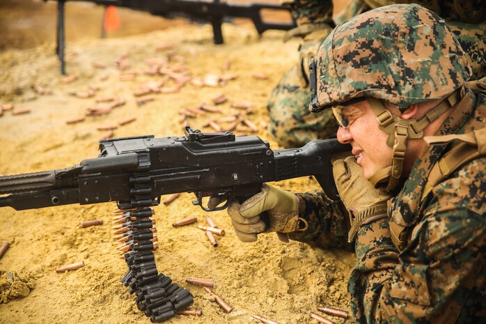 A Marine with Task Force Southwest fires a PK general-purpose machine gun during foreign weapons familiarization training at Marine Corps Base Camp Lejeune, North Carolina, Jan. 17, 2016. Marines with the unit are preparing for an upcoming deployment to Helmand Province, Afghanistan, where they will train, advise and assist the Afghan National Army 215th Corps and 505th Zone National Police to continue building well-equipped defense and security forces. 