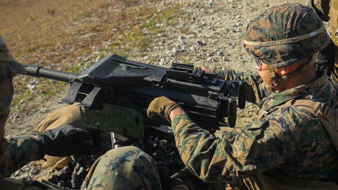 A Marine with Task Force Southwest fires an Mk 19 grenade launcher during a combined arms range at Marine Corps Base Camp Lejeune, North Carolina, Jan. 18, 2016. About 300 Marines with the unit are currently training for an upcoming deployment to Helmand Province, Afghanistan, where they will train, advise and assist the Afghan National Army 215th Corps and 505th Zone National Police to help thwart enemy presence in the region. 