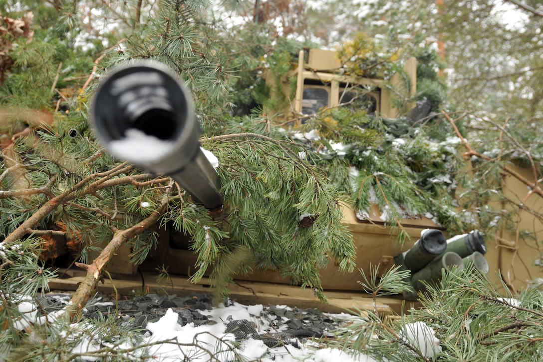 Soldiers assigned to 1st Battalion, 68th Armor Regiment, 3rd Armored Brigade, 4th Infantry Division conceal a Bradley fighting vehicle in wooded terrain at Presidential Range in Swietozow, Poland, Jan. 20, 2017. The soldiers and vehicles are in Poland as part of a nine-month deployment in support of Operation Atlantic Resolve. Army photo by Staff Sgt. Elizabeth Tarr