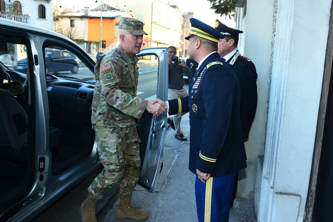 U.S. Army Col. Darius S. Gallegos (right), CoESPU deputy director, welcomes Lt. Gen. Charles D. Luckey (left), Commanding General U.S. Army Reserve Command, during visit at Center of Excellence for Stability Police Units (CoESPU) Vicenza, Italy, January 20, 2017.(U.S. Army Photo by Visual Information Specialist Paolo Bovo/released)