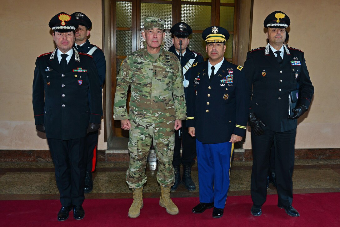 (From left), Col. Roberto Campana, chief of staff Center of Excellence for Stability Police Units (CoESPU), Lt. Gen. Charles D. Luckey, Commanding General U.S. Army Reserve Command, U.S. Army Col. Darius S. Gallegos, CoESPU deputy director and Col Nicola Mangialavori, Chief of Special Branch Department, pose for a group photo at Center of Excellence for Stability Police Units (CoESPU) Vicenza, Italy, January 20, 2017.(U.S. Army Photo by Visual Information Specialist Paolo Bovo/released)