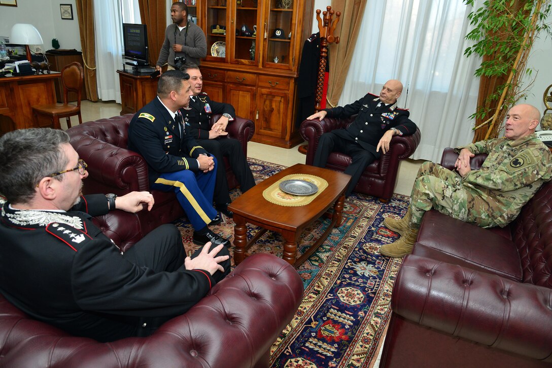 Lt. Gen. Charles D. Luckey (right), Commanding General U.S. Army Reserve Command, Lt. Gen Vincenzo Coppola (center), Commanding General “Palidoro” Carabinieri Specialized and Mobile Units, Brig. Gen. Giovanni Pietro Barbano, Center of Excellence for Stability Police Units (CoESPU) director, U.S. Army Col. Darius S. Gallegos, CoESPU deputy director and Col Pietro Carrozza, Carabinieri HQ Chief of plans and Military Police, talk during visit at Center of Excellence for Stability Police Units (CoESPU) Vicenza, Italy, January 20, 2017.(U.S. Army Photo by Visual Information Specialist Paolo Bovo/released)
