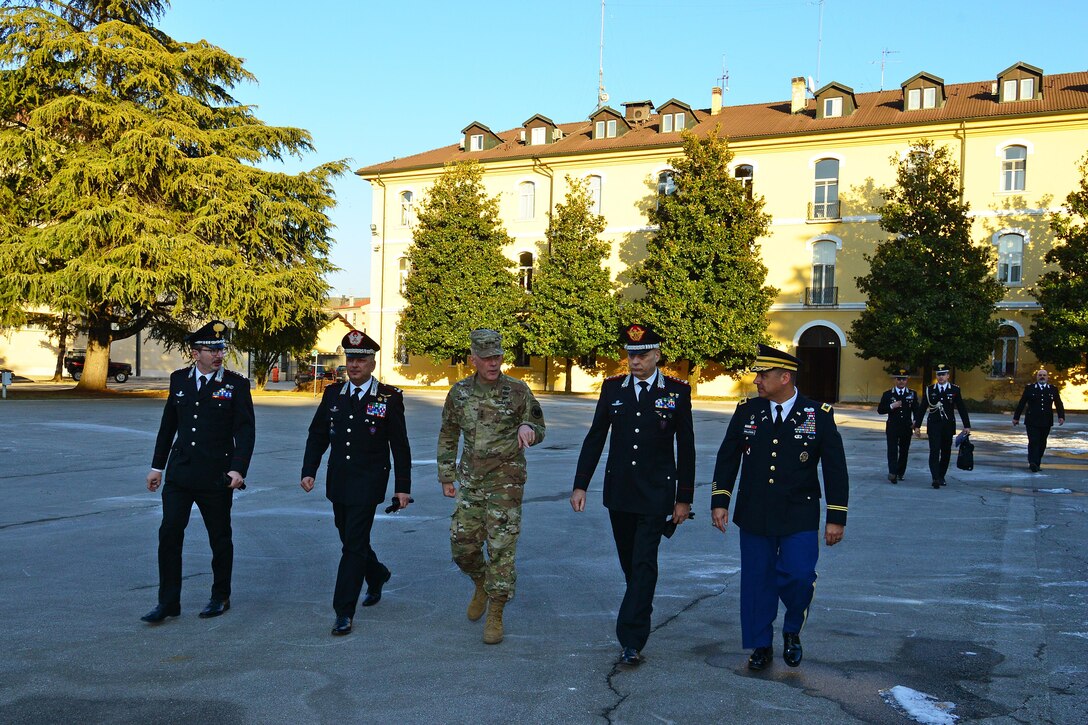 (From left), Col Pietro Carrozza, Carabinieri HQ Chief of plans and Military Police, Brig. Gen. Giovanni Pietro Barbano, Center of Excellence for Stability Police Units (CoESPU) director, Lt. Gen. Charles D. Luckey, Commanding General U.S. Army Reserve Command, Lt. Gen Vincenzo Coppola, Commanding General “Palidoro” Carabinieri Specialized and Mobile Units, U.S. Army Col. Darius S. Gallegos, CoESPU deputy director during visit at Center of Excellence for Stability Police Units (CoESPU) Vicenza, Italy, January 20, 2017.(U.S. Army Photo by Visual Information Specialist Paolo Bovo/released)