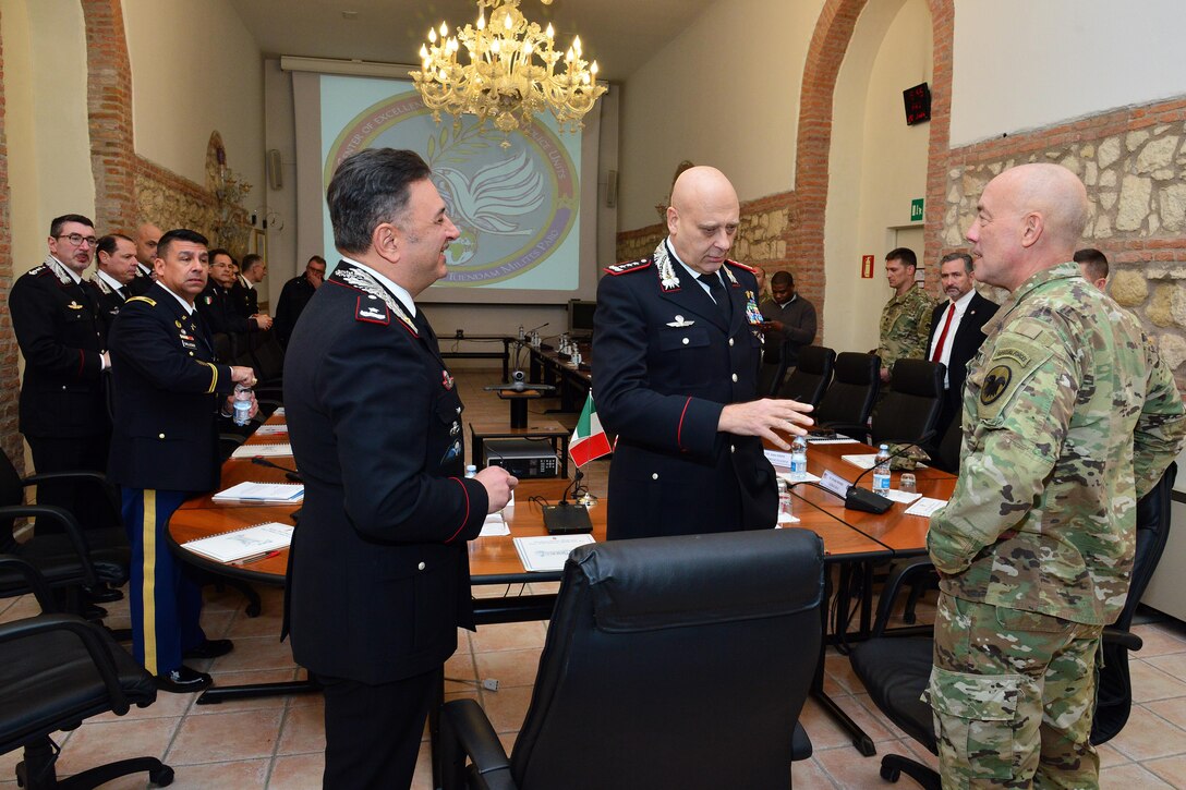 Brig. Gen. Giovanni Pietro Barbano (right), Center of Excellence for Stability Police Units (CoESPU) director, Lt. Gen Vincenzo Coppola (center), Commanding General “Palidoro” Carabinieri Specialized and Mobile Units, Lt. Gen. Charles D. Luckey (left), Commanding General U.S. Army Reserve Command, talk during visit at Center of Excellence for Stability Police Units (CoESPU) Vicenza, Italy, January 20, 2017.(U.S. Army Photo by Visual Information Specialist Paolo Bovo/released)