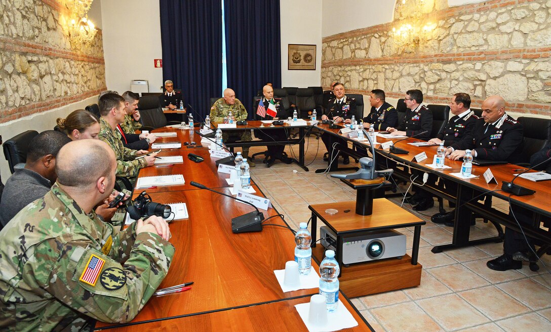 Lt. Gen. Charles D. Luckey (center), Commanding General U.S. Army Reserve Command, Lt. Gen Vincenzo Coppola, Commanding General “Palidoro” Carabinieri Specialized and Mobile Units, Brig. Gen. Giovanni Pietro Barbano (right), Center of Excellence for Stability Police Units (CoESPU) director, U.S. Army Col. Darius S. Gallegos, CoESPU deputy director, Carabinieri and U.S. staff  at the meeting during visit at Center of Excellence for Stability Police Units (CoESPU) Vicenza, Italy, January 20, 2017.(U.S. Army Photo by Visual Information Specialist Paolo Bovo/released)