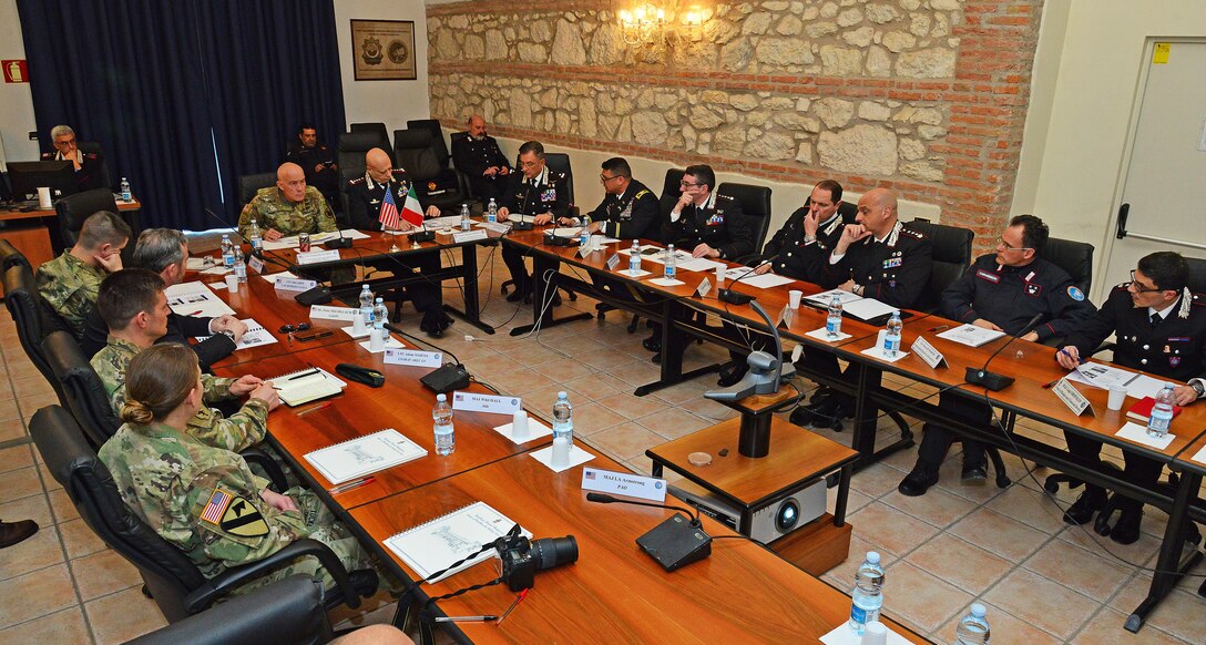 Lt. Gen. Charles D. Luckey (center), Commanding General U.S. Army Reserve Command, Lt. Gen Vincenzo Coppola, Commanding General “Palidoro” Carabinieri Specialized and Mobile Units, Brig. Gen. Giovanni Pietro Barbano (right), Center of Excellence for Stability Police Units (CoESPU) director, U.S. Army Col. Darius S. Gallegos, CoESPU deputy director, Carabinieri and U.S. staff  at the meeting during visit at Center of Excellence for Stability Police Units (CoESPU) Vicenza, Italy, January 20, 2017.(U.S. Army Photo by Visual Information Specialist Paolo Bovo/released)