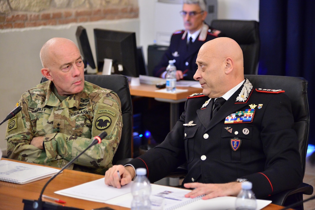 Lt. Gen Vincenzo Coppola (left), Commanding General “Palidoro” Carabinieri Specialized and Mobile Units, talk with Lt. Gen. Charles D. Luckey (left), Commanding General U.S. Army Reserve Command, during the visit at Center of Excellence for Stability Police Units (CoESPU) Vicenza, Italy, January 20, 2017.(U.S. Army Photo by Visual Information Specialist Paolo Bovo/released)