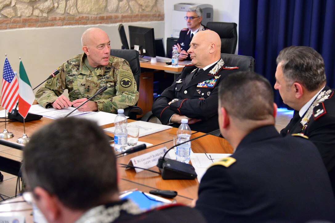 Lt. Gen. Charles D. Luckey (left), Commanding General U.S. Army Reserve Command, talk with Lt. Gen Vincenzo Coppola (right), Commanding General “Palidoro” Carabinieri Specialized and Mobile Units, during visit at Center of Excellence for Stability Police Units (CoESPU) Vicenza, Italy, January 20, 2017.(U.S. Army Photo by Visual Information Specialist Paolo Bovo/released)