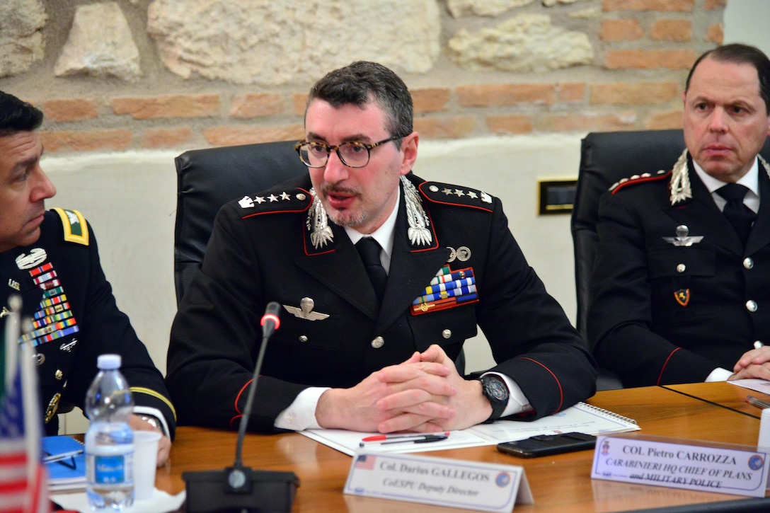 Col Pietro Carrozza, Center of Excellence for Stability Police Units (CoESPU), Carabinieri HQ Chief of plans and Military Police, address during visit of Lt. Gen. Charles D. Luckey, Commanding General U.S. Army Reserve Command, at Center of Excellence for Stability Police Units (CoESPU) Vicenza, Italy, January 20, 2017.(U.S. Army Photo by Visual Information Specialist Paolo Bovo/released)