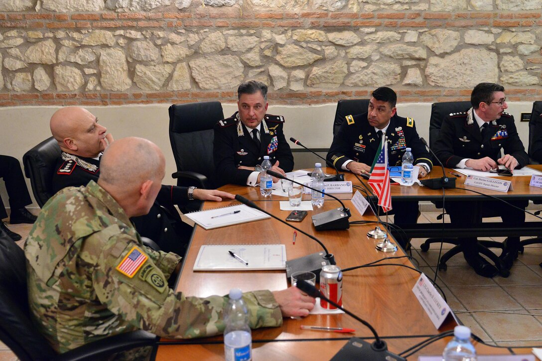 Brig. Gen. Giovanni Pietro Barbano (center), Center of Excellence for Stability Police Units (CoESPU) director, presents Center of Excellence for Stability Police Units (CoESPU) at Lt. Gen. Charles D. Luckey (left), Commanding General U.S. Army Reserve Command, during visit at Center of Excellence for Stability Police Units (CoESPU) Vicenza, Italy, January 20, 2017.(U.S. Army Photo by Visual Information Specialist Paolo Bovo/released)