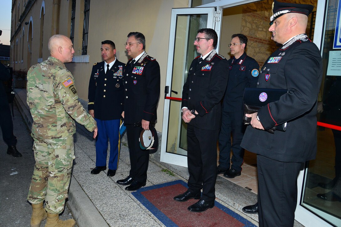 Lt. Gen. Charles D. Luckey (left), Commanding General U.S. Army Reserve Command, thanks for visit at the Center of Excellence for Stability Police Units (CoESPU), at U.S. Army Col. Darius S. Gallegos, (CoESPU) deputy director Brig. Gen. Giovanni Pietro Barbano, (CoESPU) director, Col Pietro Carrozza, (CoESPU),Carabinieri HQ Chief of plans and Military Police and Col Nicola Mangialavori, (CoESPU) Chief of Special Branch Department ,Vicenza, Italy, January 20, 2017.(U.S. Army Photo by Visual Information Specialist Paolo Bovo/released)