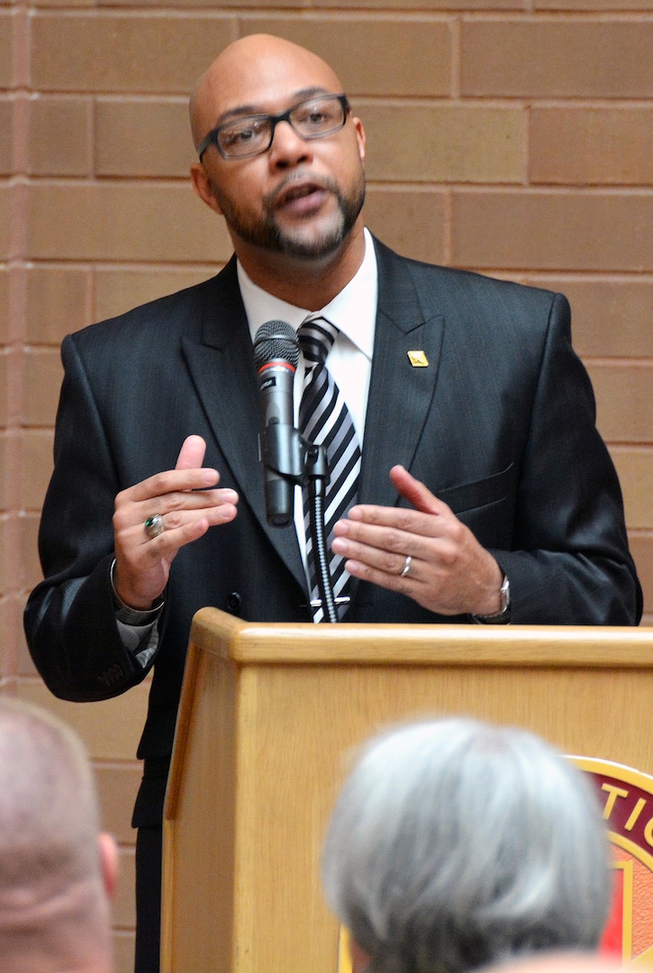 Guest speaker Dr. Isaac Hampton, U.S. Army South command historian, talks about the life of Dr. Martin Luther King Jr. during Brooke Army Medical Center's Martin Luther King Jr. observation in the Medical Mall Jan. 18.