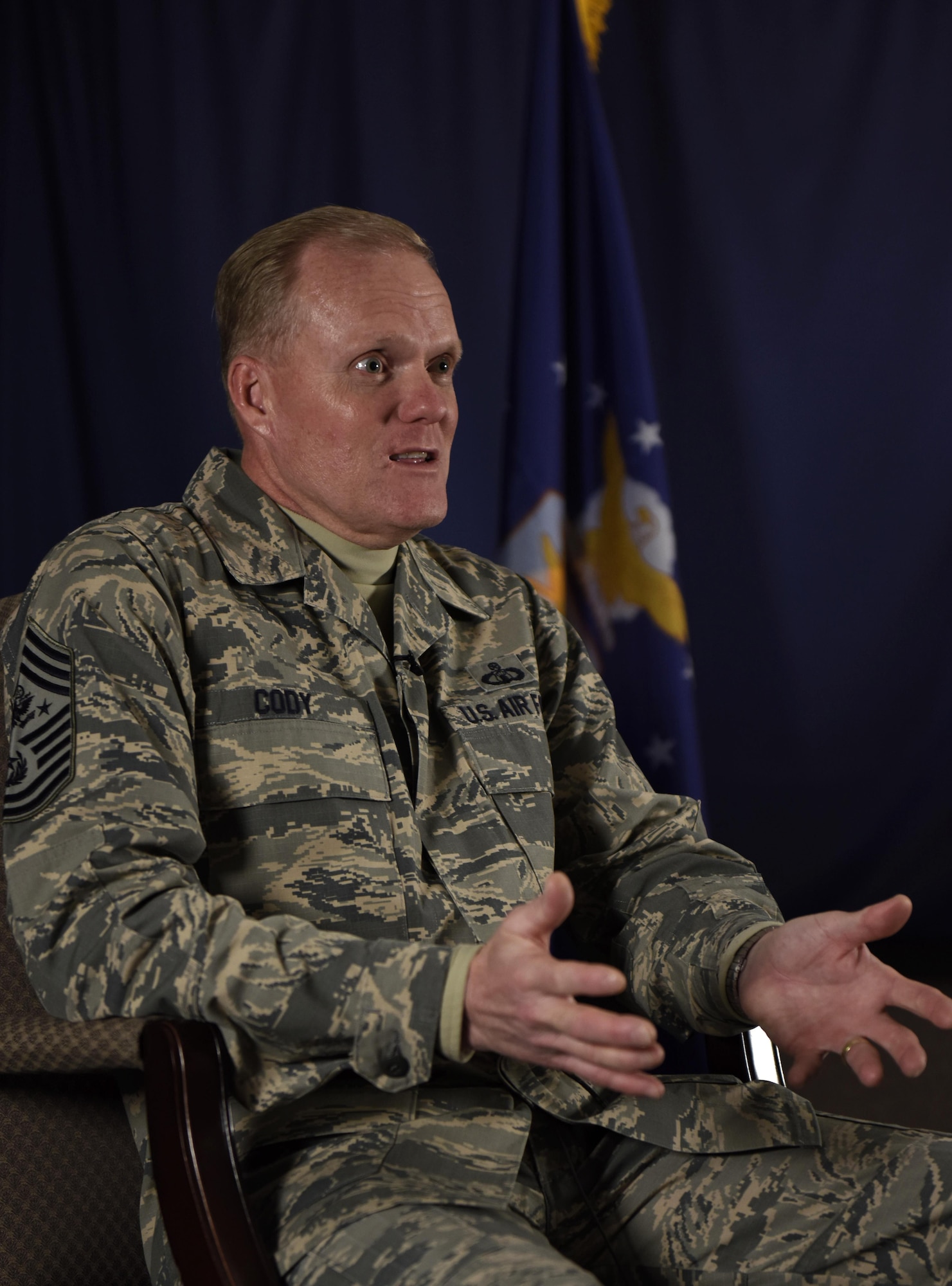 Chief Master Sgt. of the Air Force James Cody discusses Air Mobility Command's contributions to the Air Force mission and the need to modernize the fleet during his visit to Scott Air Force Base, Ill, Jan. 18, 2017. The purpose of his visit was to address new chief master sergeants and chief master sergeant-selects during the annual AMC Chief's Leadership Course. (U.S. Air Force photo by Staff Sgt. Stephenie Wade)
