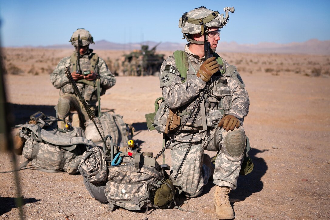 Soldiers perform radio checks with their headquarters leadership team during training exercise 17-03 at the National Training Center, Fort Irwin, Ca., Jan. 16, 2017. Army photo by Sgt. Jason A. Young