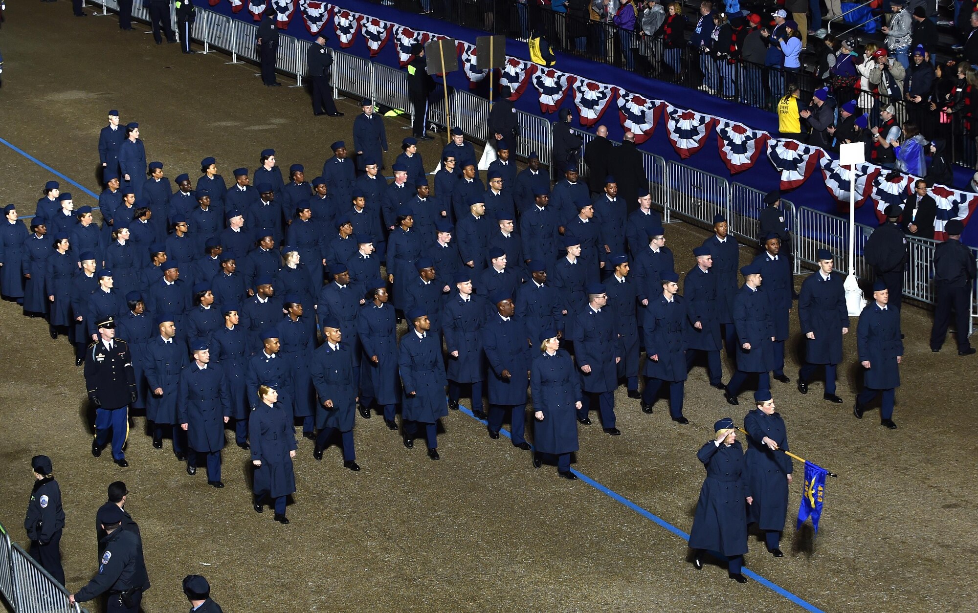 Representing the U.S. Air Force Reserve, Citizen Airmen with the 459th Air Refueling Wing march along Pennsylvania Avenue during the inaugural parade in Washington, D.C., Jan. 20, 2017. More than 5,000 military members across all branches of the armed forces of the United States, including Reserve and National Guard components, provided ceremonial support and Defense Support of Civil Authorities during the inaugural period. (DoD photo by U.S. Air Force Staff Sgt. Logan Carlson)